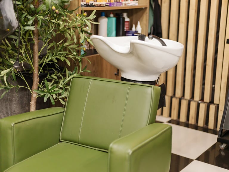 Green salon chair and washing station