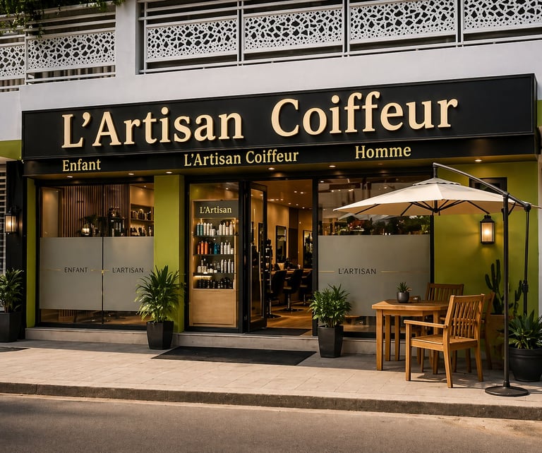 LArtisan Coiffeur hair salon storefront with black signage, glass doors, wooden chairs, and potted plants outside