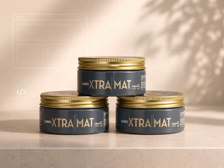 Three dark cosmetic jars with gold lids arranged in a pyramid, labeled XTRA MAT, displayed on a neutral surface with soft lighting and shadows