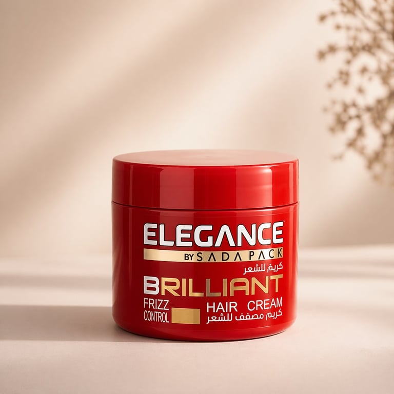 Red jar of Elegance by Sada Pack Brilliant hair cream with frizz control, displayed against a neutral beige background with dried flowers