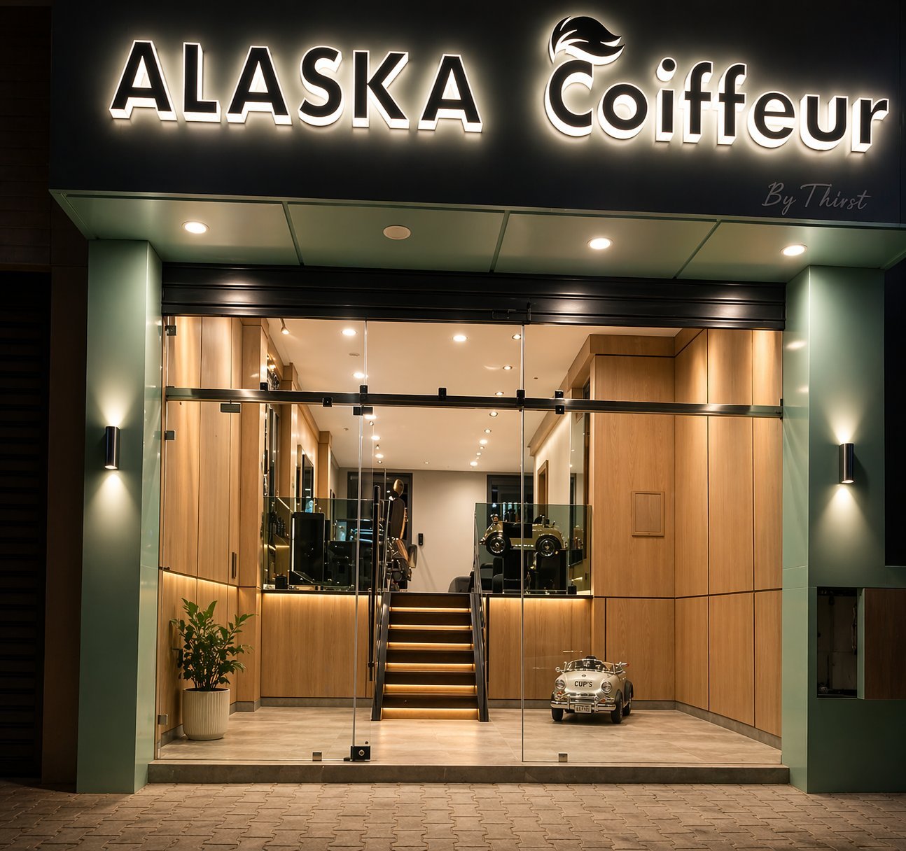 Alaska Coiffeur hair salon storefront with illuminated neon sign, modern glass facade, wooden interior, and welcoming entrance at night