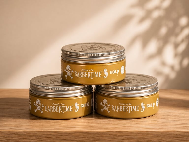 Three gold tins of Barbertime Gold pomade stacked in a pyramid formation on a wooden surface with natural sunlight