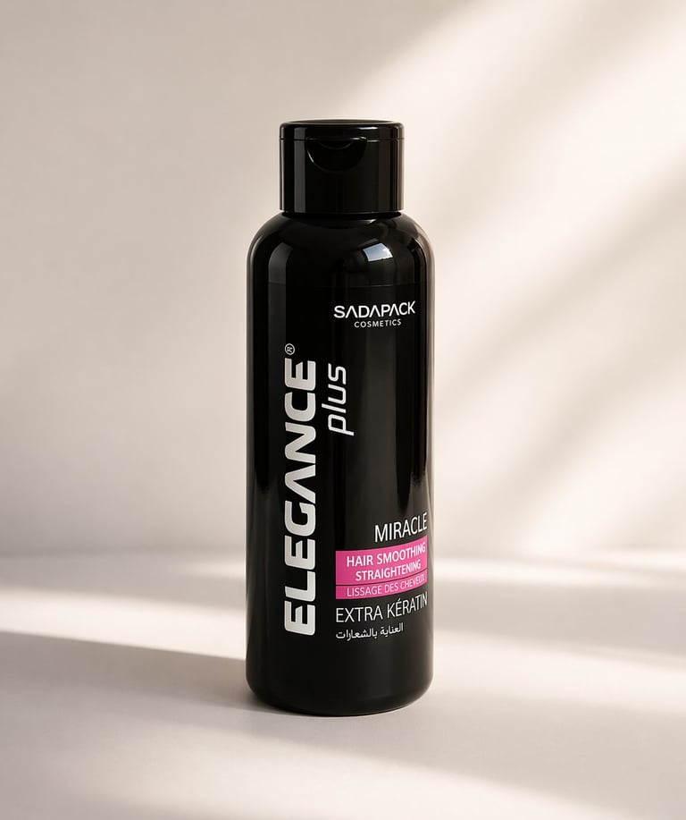 Black bottle of Elegance Plus hair treatment product by Sadapack with pink label, featuring extra keratin for hair straightening