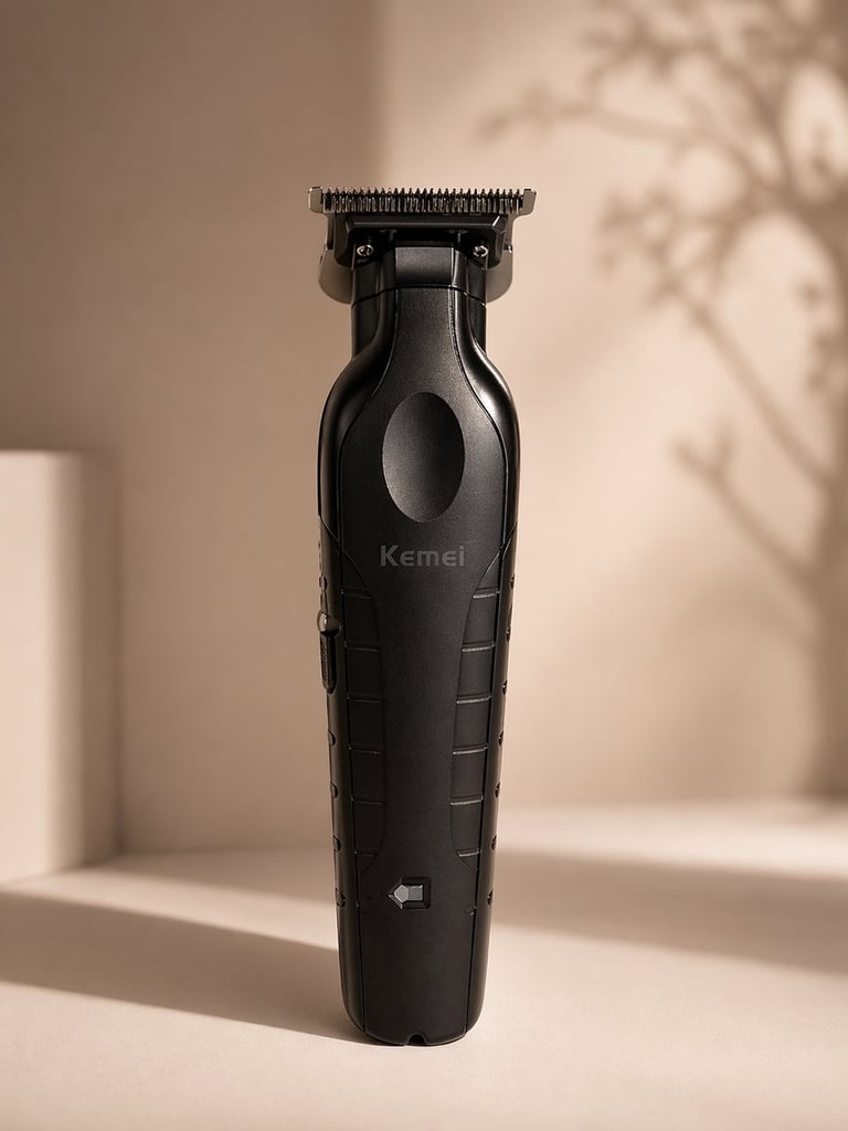 Black Kemei electric hair trimmer with precision blade, displayed on white surface with natural lighting